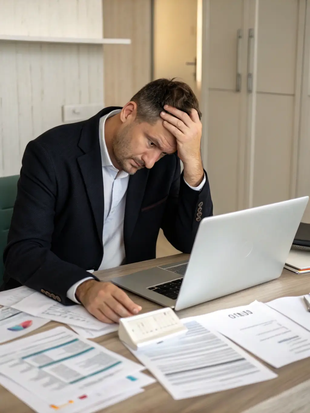 A small business owner looking concerned while reviewing a document, highlighting the stress of legal compliance.