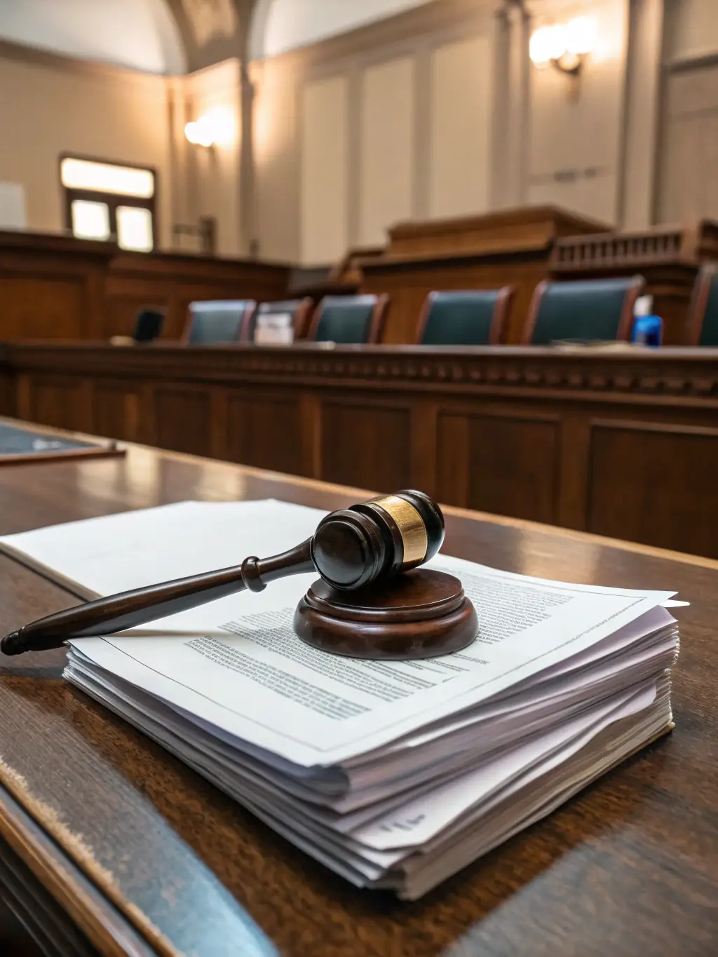 A gavel resting on a stack of legal documents, symbolizing legal authority and the importance of compliance for small businesses.
