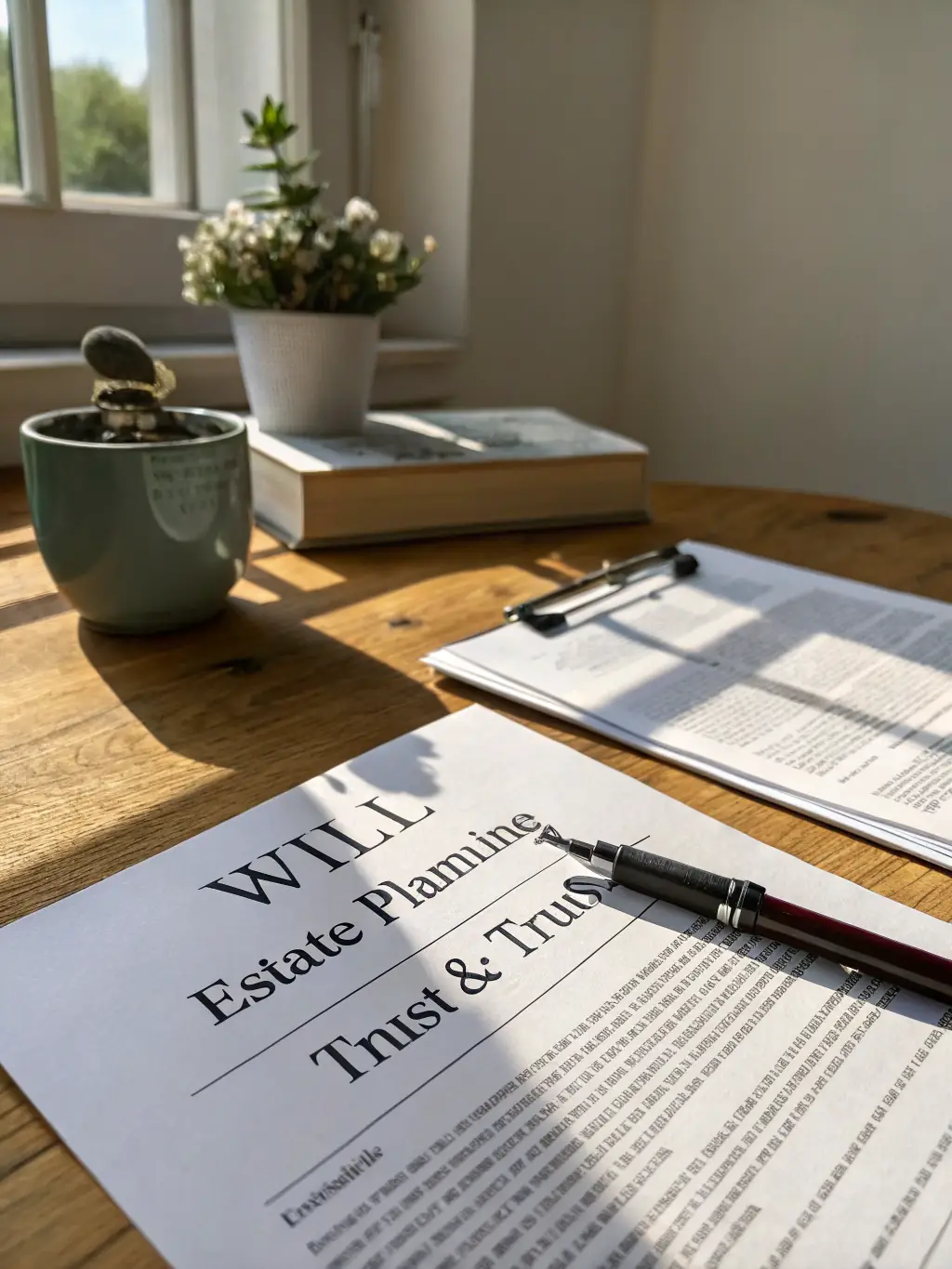 A modern-designed trust document resting on a mahogany desk next to a pair of elegant reading glasses and a fountain pen, symbolizing careful planning and legal precision.