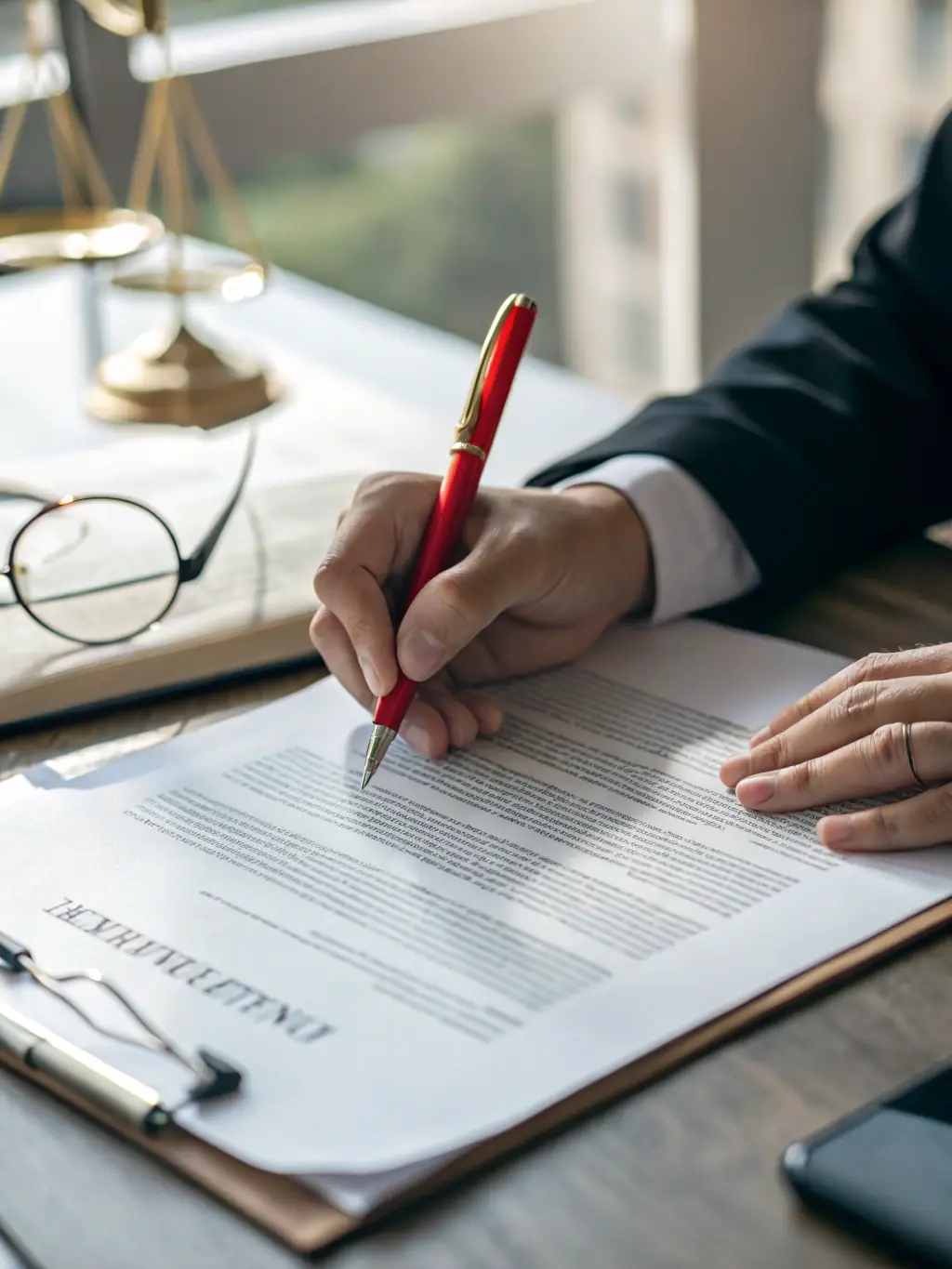 A professional lawyer reviewing a complex contract with a small business owner in a modern office setting, emphasizing attention to detail and legal expertise.