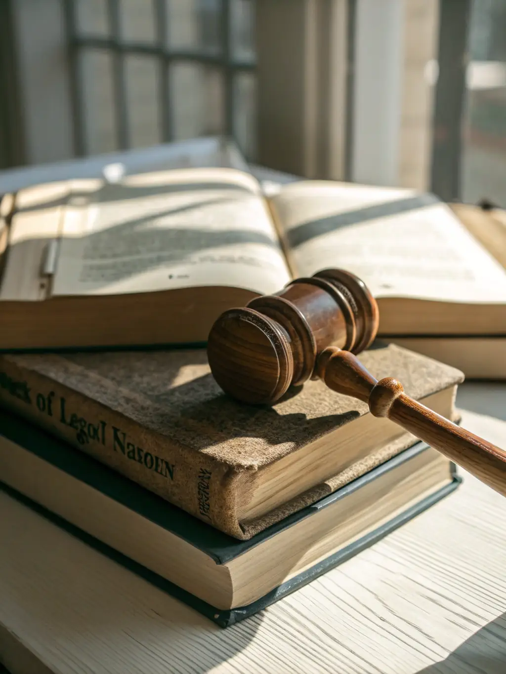 A gavel resting on a stack of legal books in a courtroom setting, with a soft, focused light highlighting the importance of legal proceedings and justice.