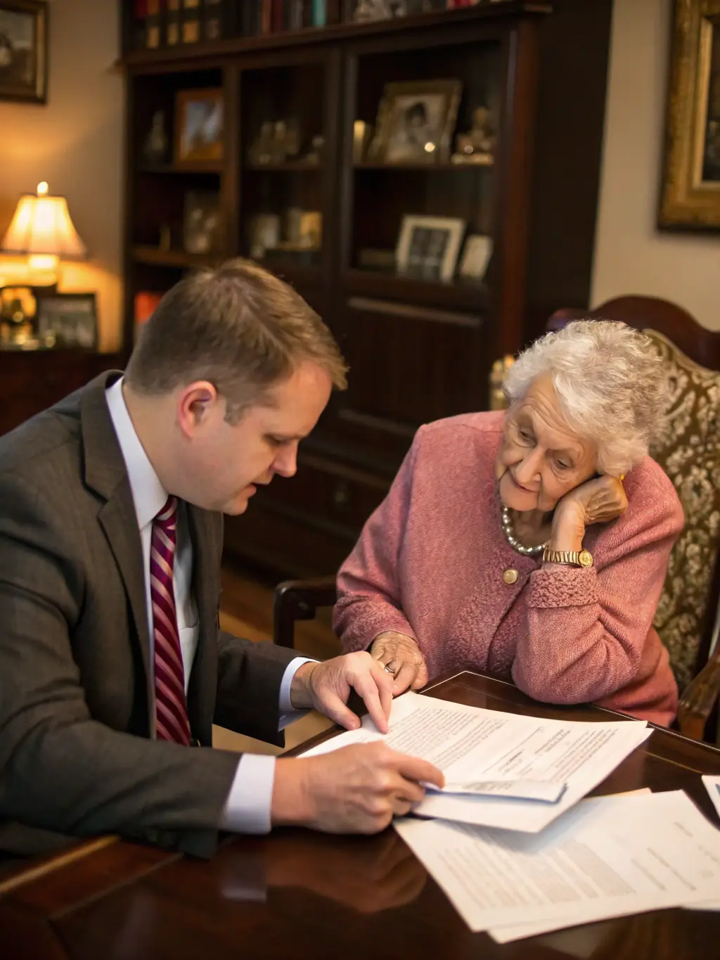 A professionally dressed lawyer sitting at a desk, reviewing a will document with a concerned-looking elderly client in a well-lit office setting, emphasizing trust and legal expertise.