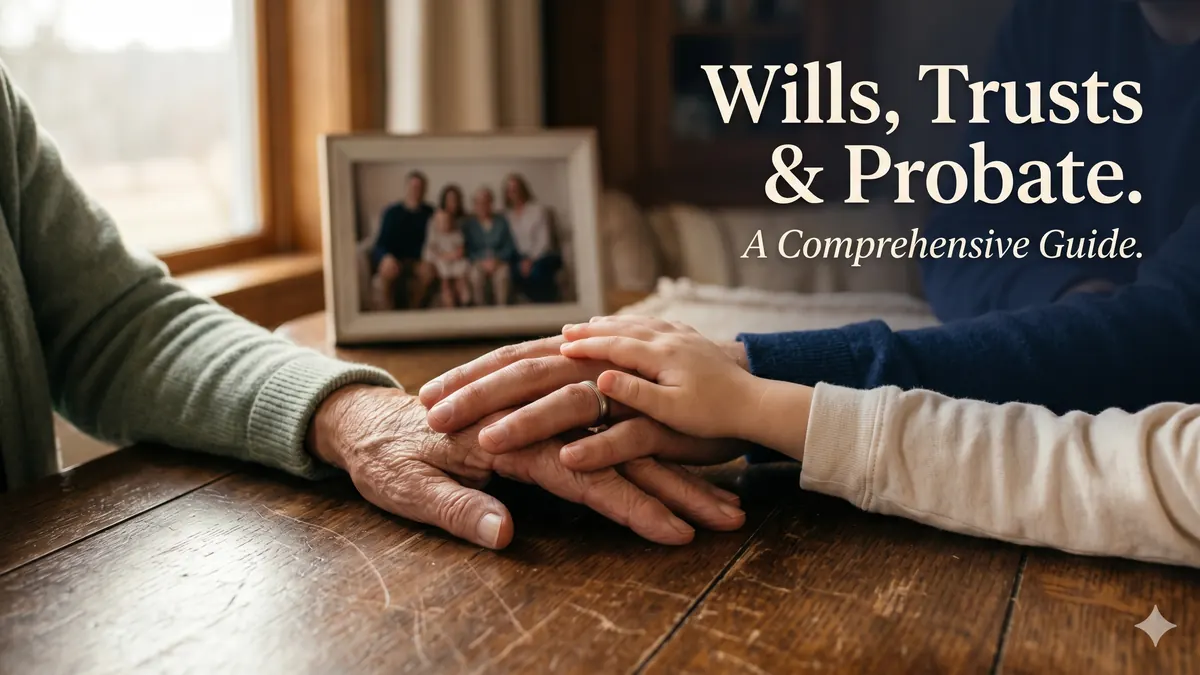 Three generations of hands resting on a wooden table — Wills, Trusts and Probate comprehensive guide by Mildon Law